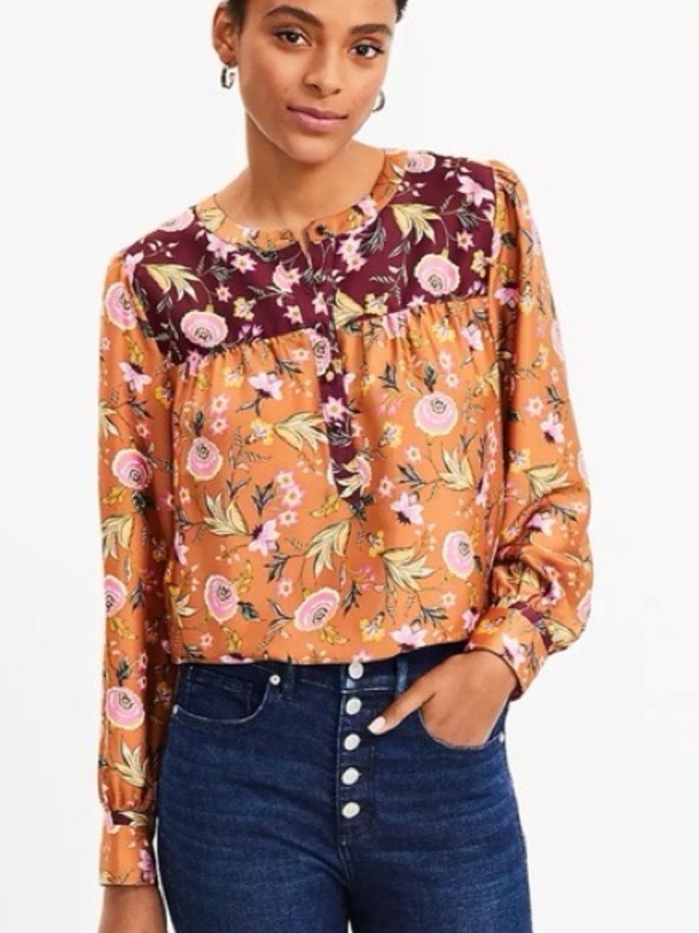 Loft Floral Yoke Long-Sleeve Blouse - Rust & Burgundy xs